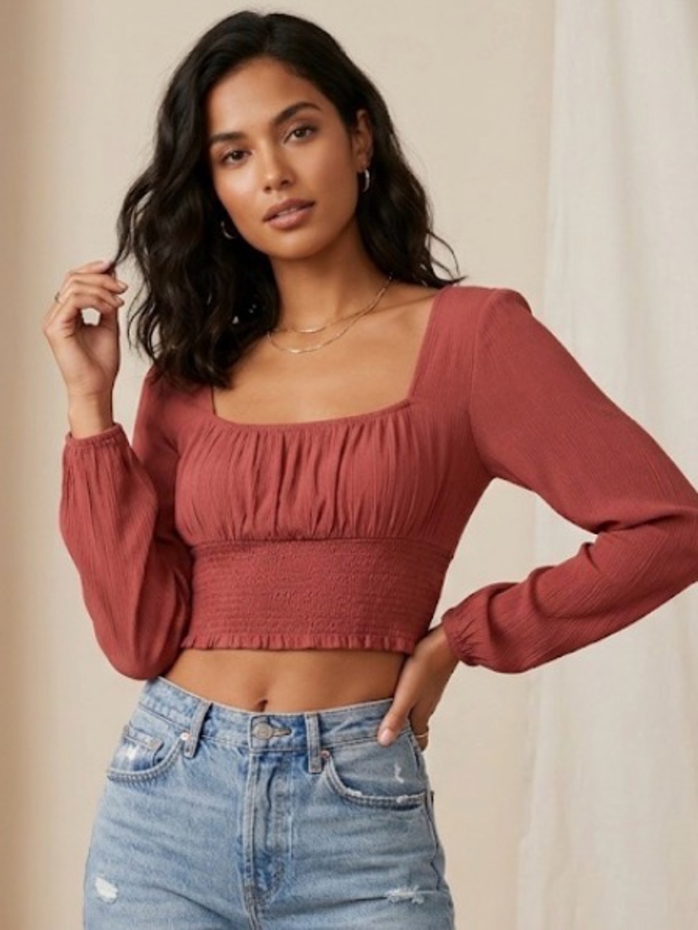L.A. Hearts Dusty Rose Ribbed Long Sleeve Smocked Crop Top Womens S(A594)